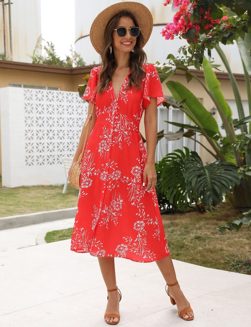 ROYLAMP Women's Floral Button Up Split Dress Deep V Short Bell Sleeve Casual Midi Dress with Pockets White Flowers Red L - Image 3